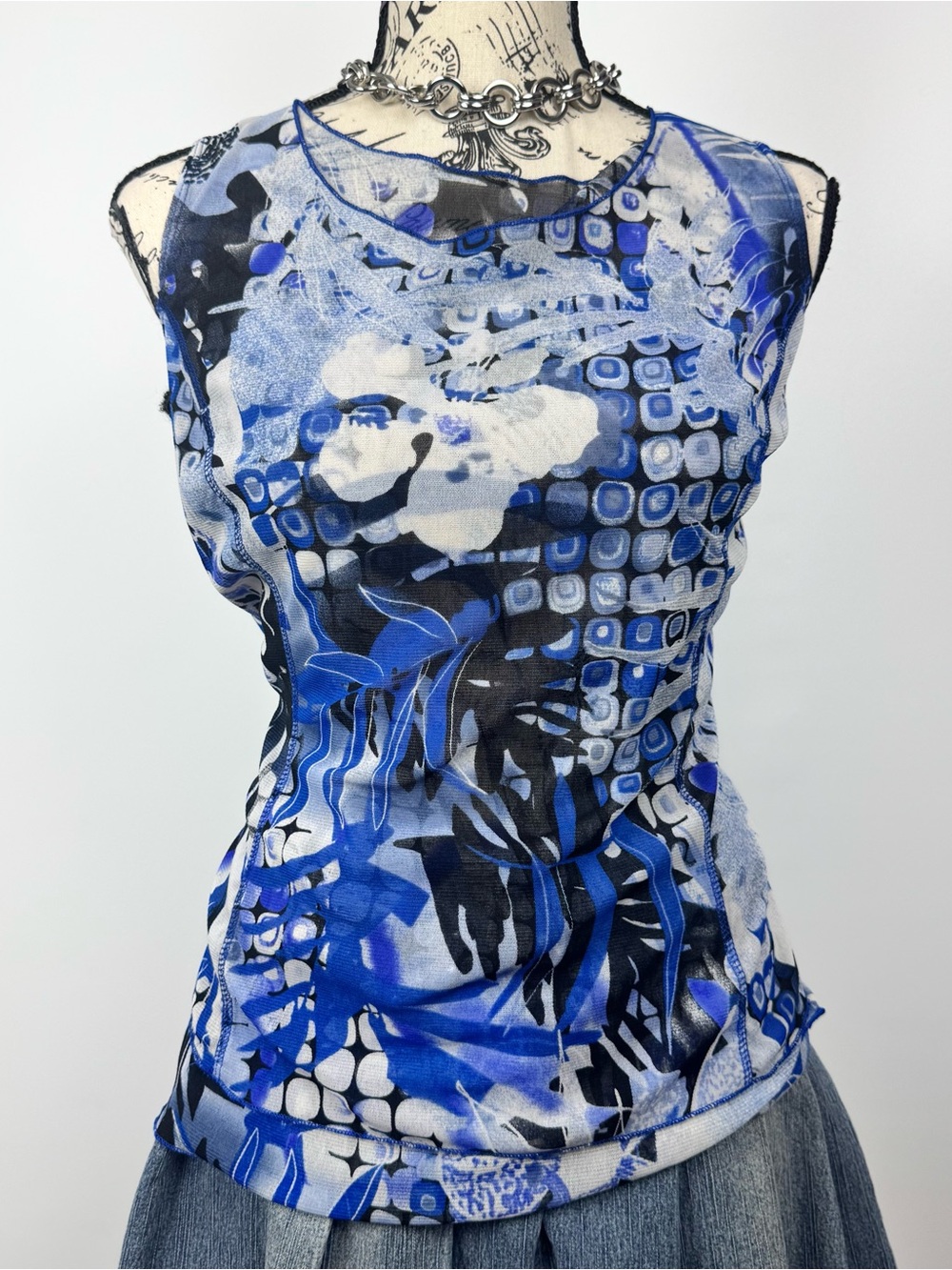Blue and white sheer tank